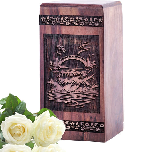 Unique Wooden Cremation Urn with Bridge on River Urn