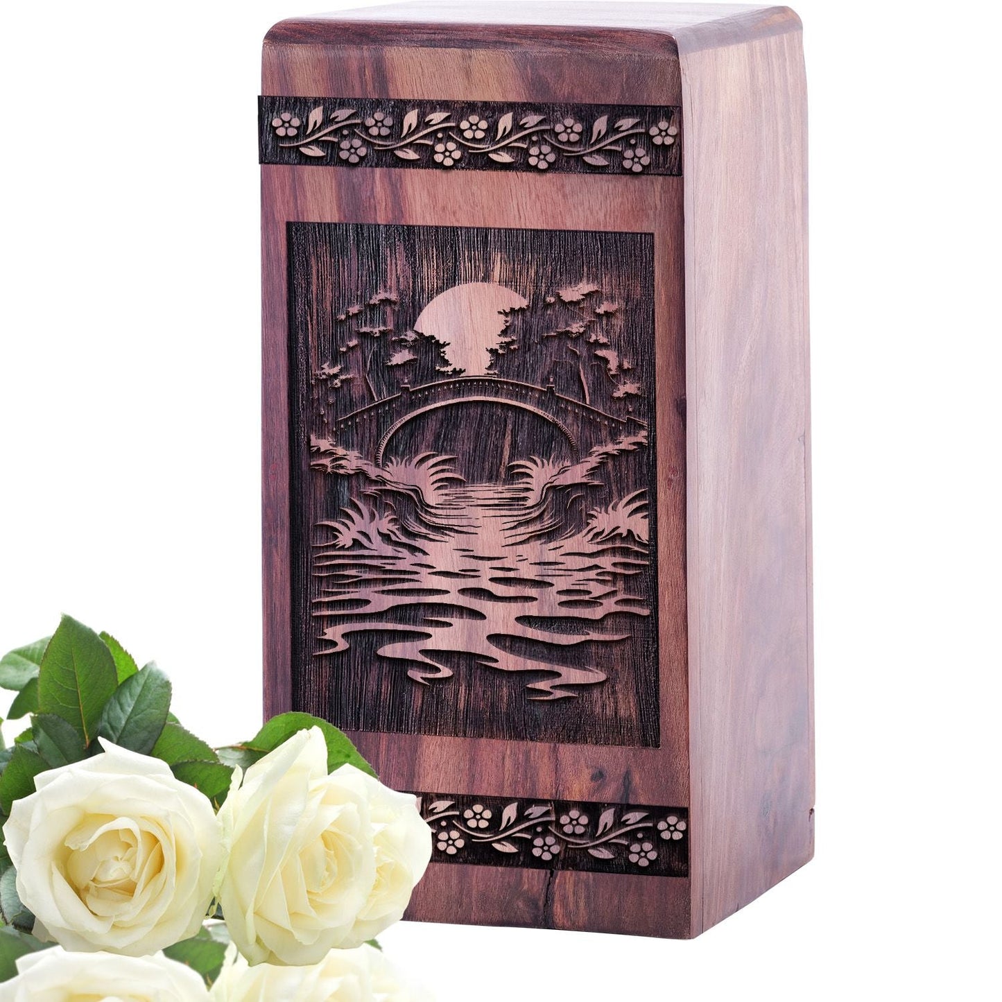 Mini Wooden Memorial Urn with Bridge on River Urn for Ashes