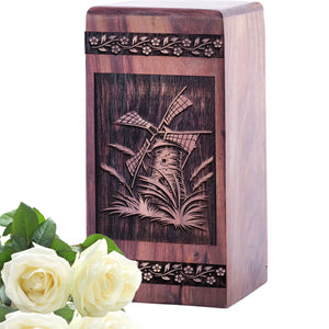 Handcrafted Wood Cremation Urn with Windmill Wood Box Adults