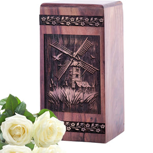 Unique Wooden Cremation Urn with Windmill Wood Urn
