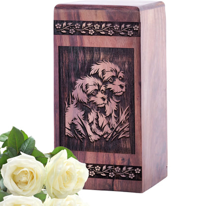 Handcrafted Wood Cremation Urn Puppies Wood Box for Adults