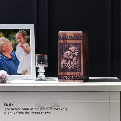 Handcrafted Wood Cremation Urn Puppies Wood Box for Adults