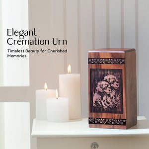 Handcrafted Wood Cremation Urn Puppies Wood Box for Adults