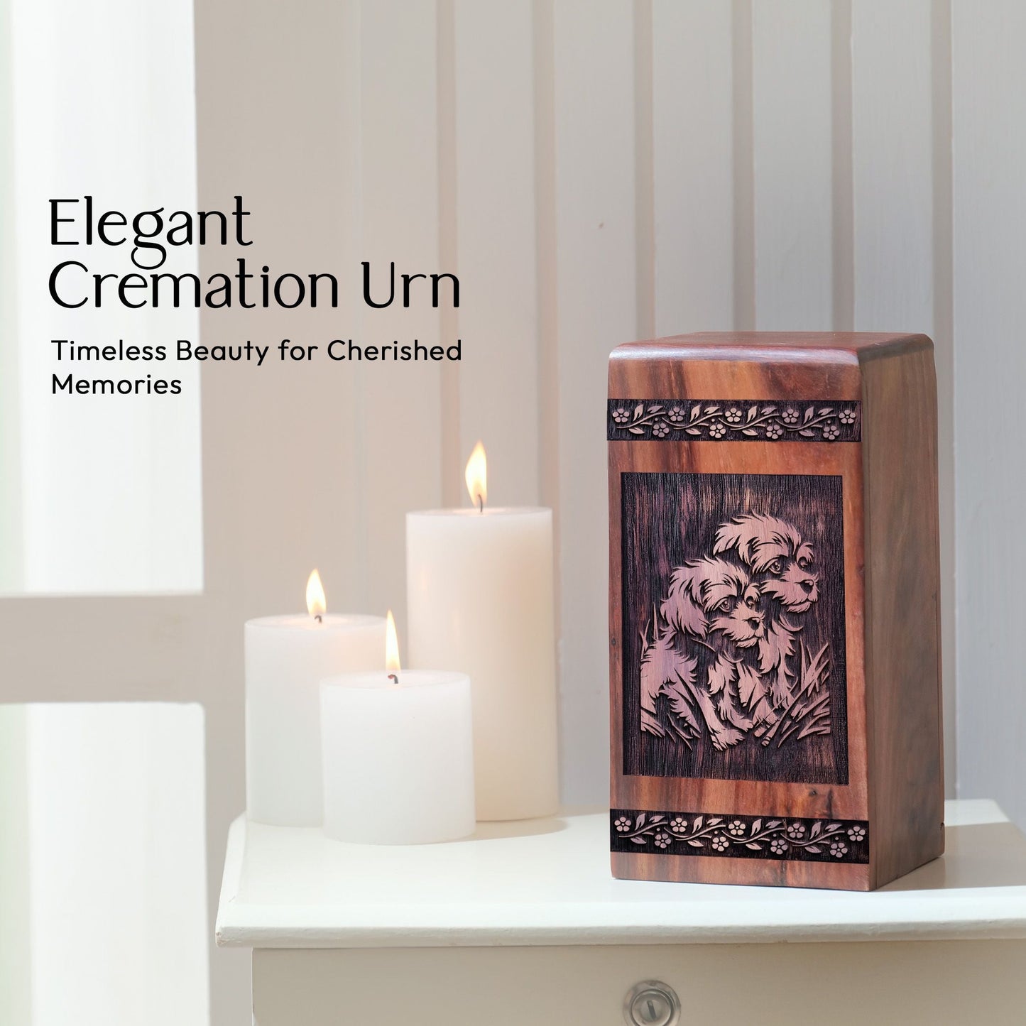 Handcrafted Wood Cremation Urn Puppies Wood Box for Adults