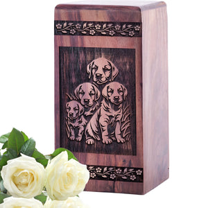 Unique Wooden Cremation Urn with Puppies Wood Box