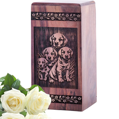 Unique Wooden Cremation Urn with Puppies Wood Box