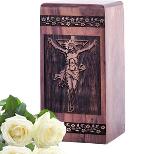 Keepsake Wooden Crucifixion of Jesus Cremation Urn for Human Ashes