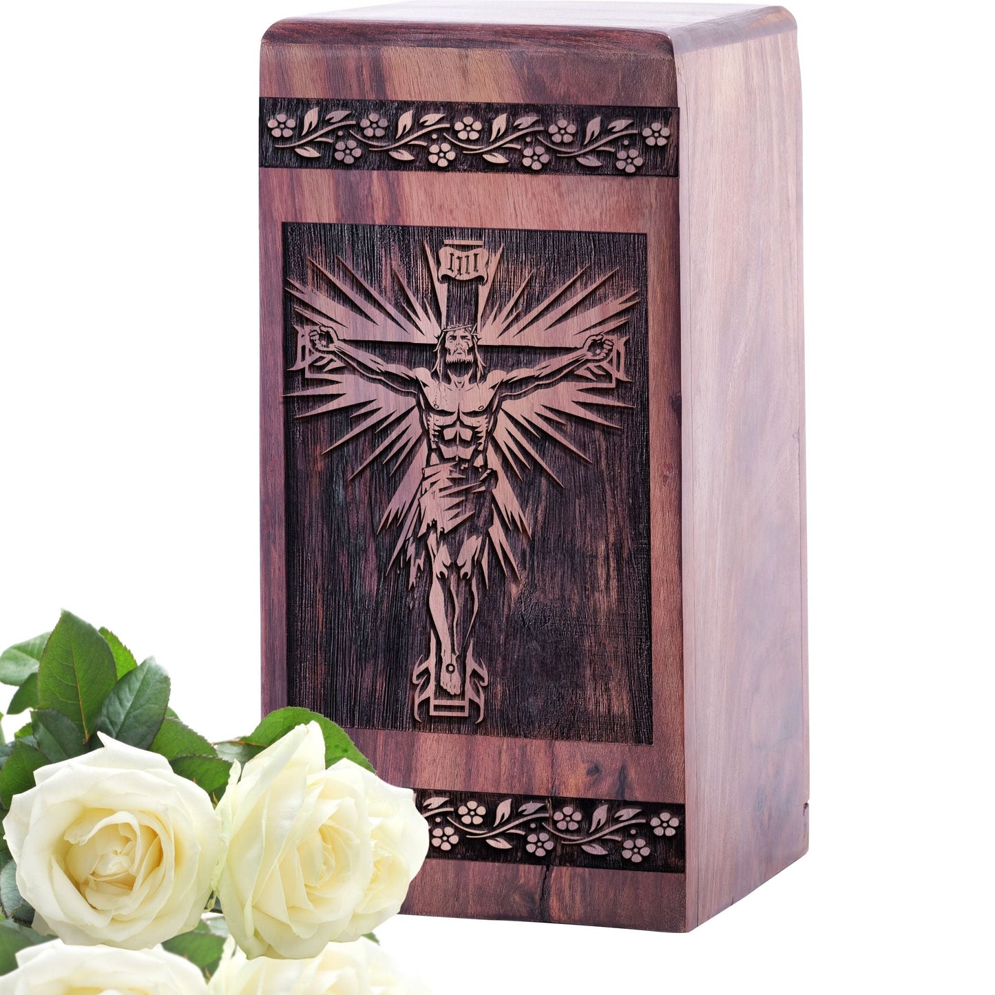 Mini Handmade Wooden Cremation Urn with Crucifixion of Jesus Wood Box