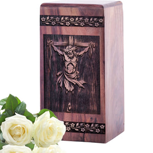 Beautiful Medium Wooden Crucifixion of Jesus Cremation Urn