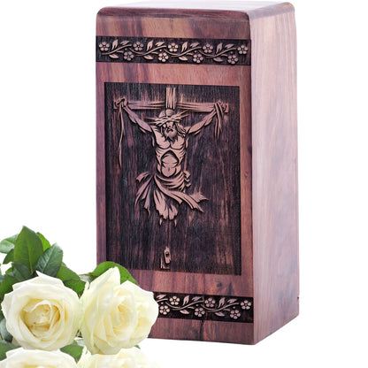Beautiful Medium Wooden Crucifixion of Jesus Cremation Urn
