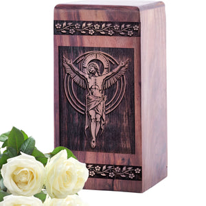 Mini Handcrafted Memorial Urn with Crucifixion of Jesus Wood