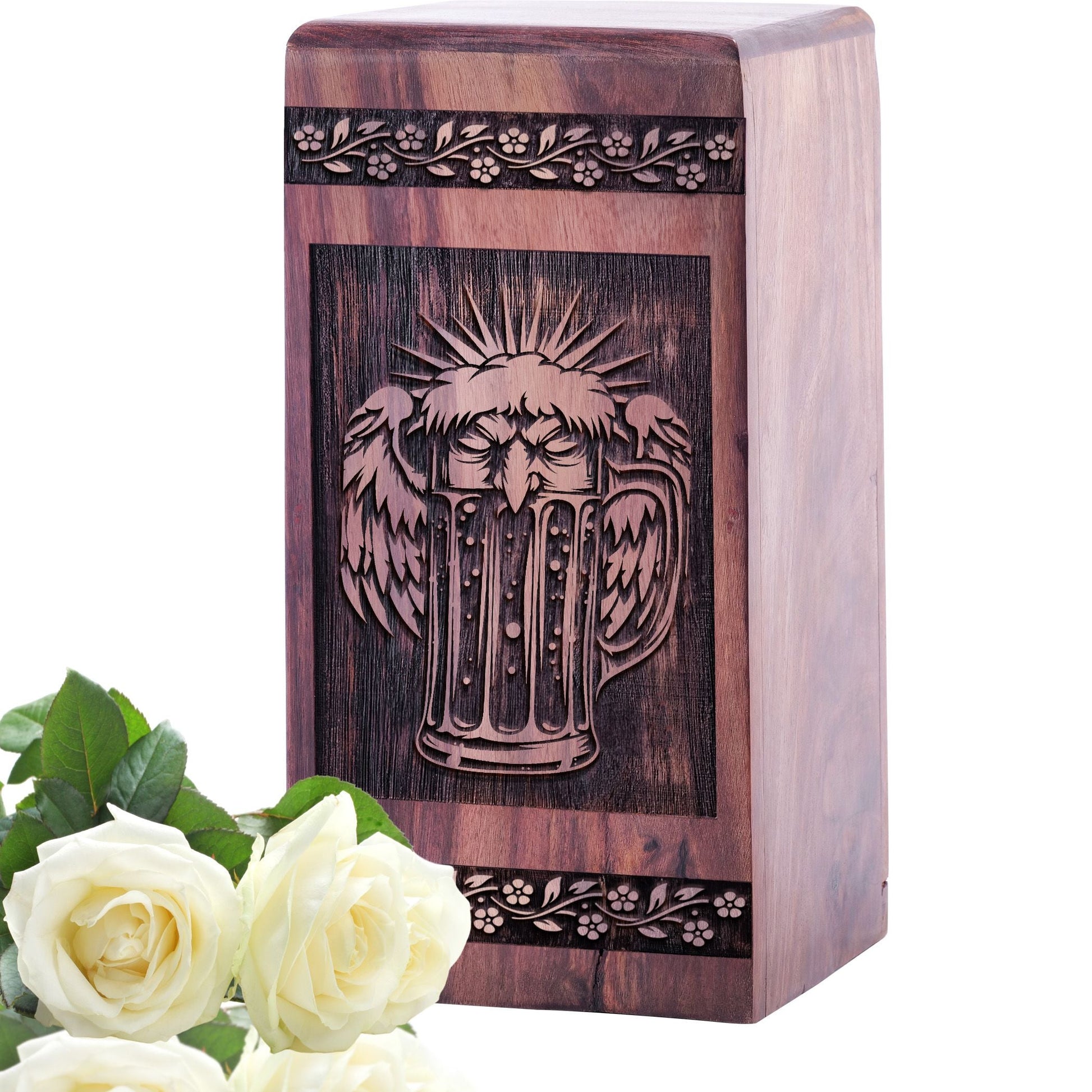 Handcrafted Wooden Cremation Urn with Beer Wood Box