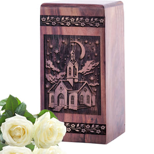 Handcrafted Wooden Cremation Urn with Church Wood Box