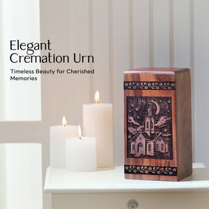 Handcrafted Wooden Cremation Urn with Church Wood Box