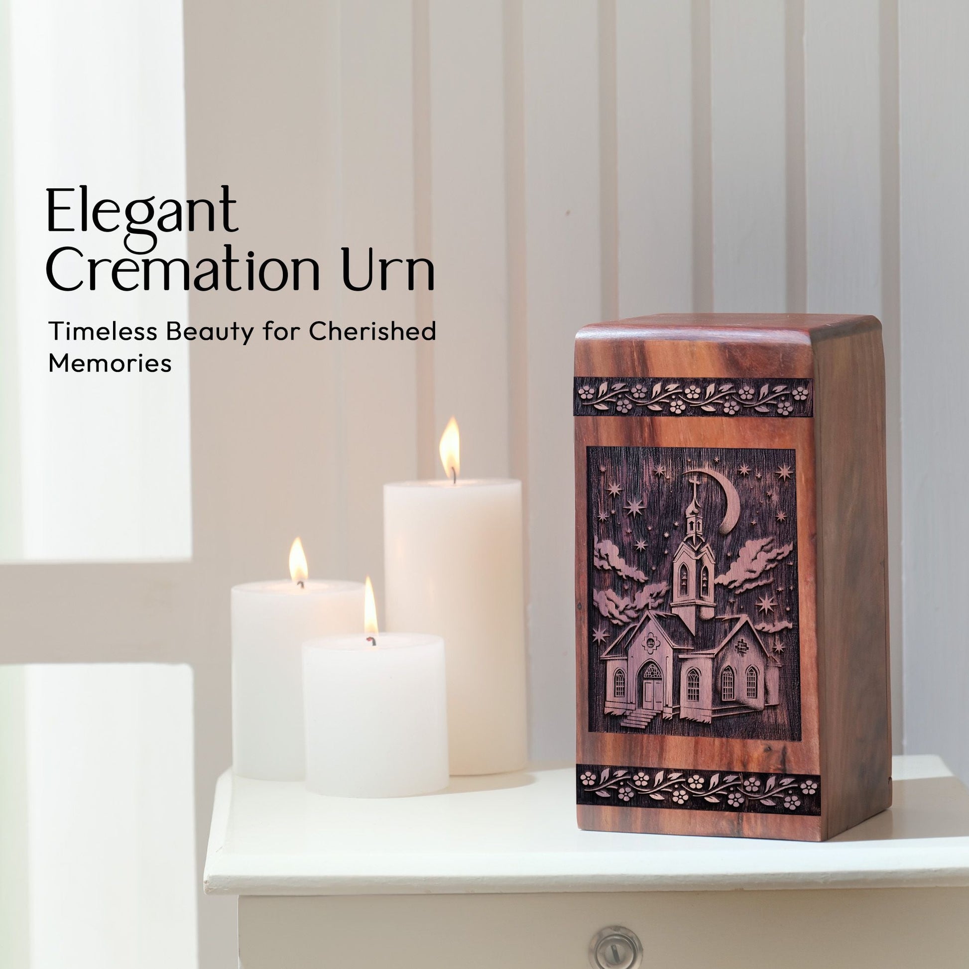 Handcrafted Wooden Cremation Urn with Church Wood Box