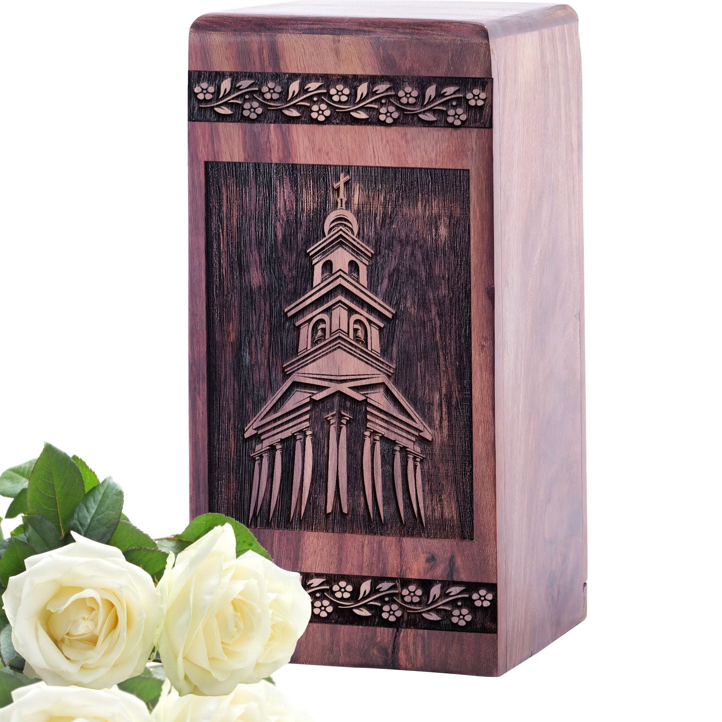 Unique Wooden Memorial Urn with Church Wood Box for Adults