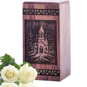 Unique Wooden Cremation Urn with Church Wood Box