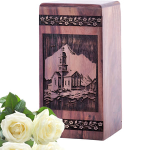 Mini Handmade Wooden Memorial Urn with Church Wood Box