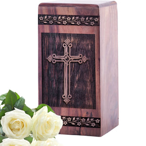 Unique Wooden Memorial Urn with Christian Icons Wood Box Urn