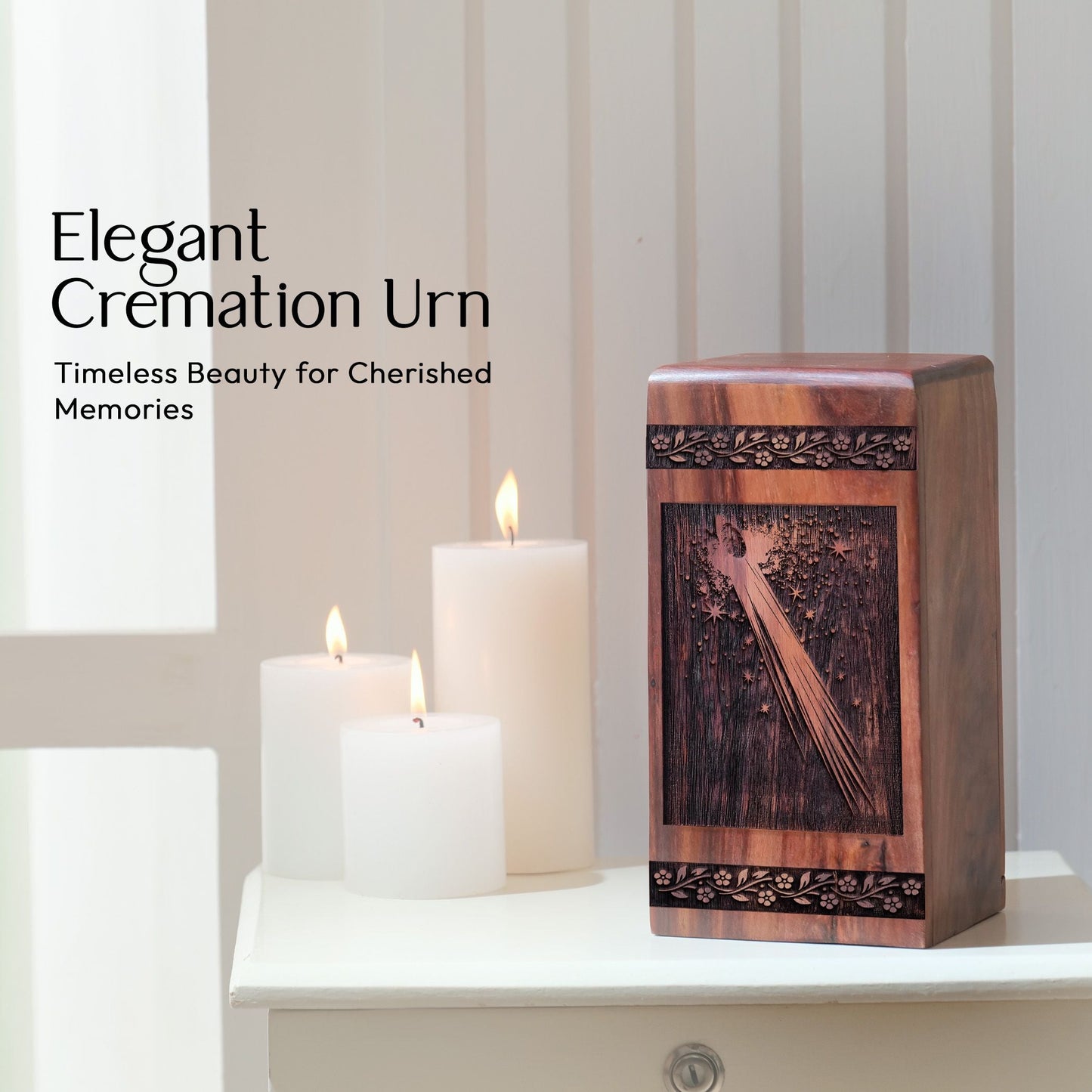 Unique Wooden Tail and Nucleus Geometric Cremation Urn for Human Ashes