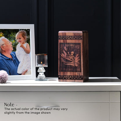 Handcrafted Wooden Memorial Urn with Tail and Nucleus Geometric