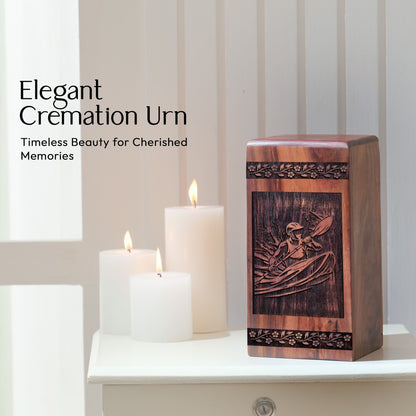 Handcrafted Wooden Cremation Urn with Geometric Tail and Nucleus