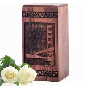 Handcrafted Wooden Memorial Urn with Golden Gate Bridge