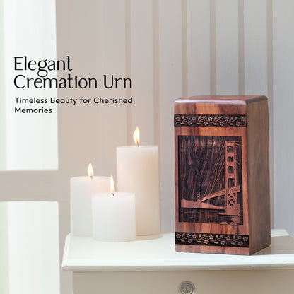 Handcrafted Wooden Memorial Urn with Golden Gate Bridge