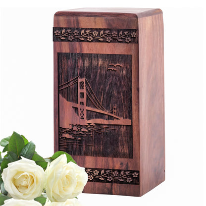Handcrafted Wooden Urn with Golden Gate Bridge Urn for Adults