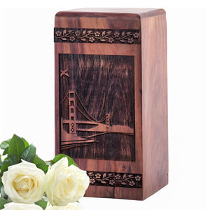 Beautiful Handcrafted Wooden Urn with Golden Gate Bridge
