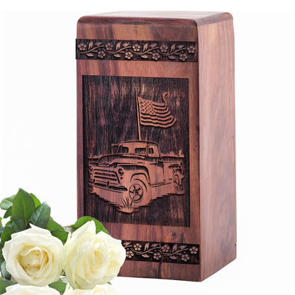 Mini Handcrafted Wooden Memorial Urn with Car