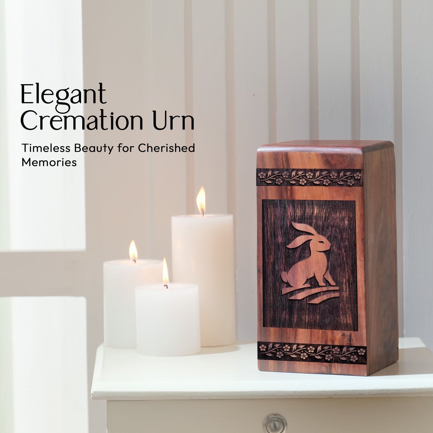 Handcrafted Wooden Memorial Urn with Rabbit Urn