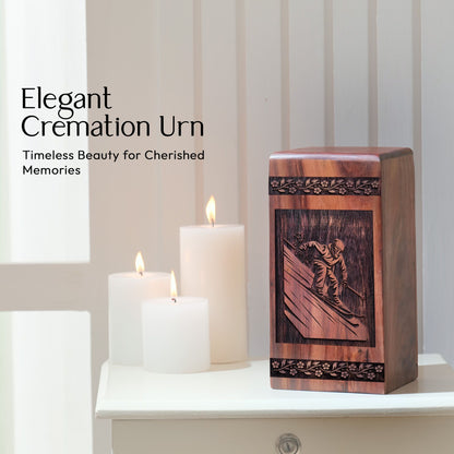 Handcrafted Wooden Skiing Snowboard Urn for Ashes