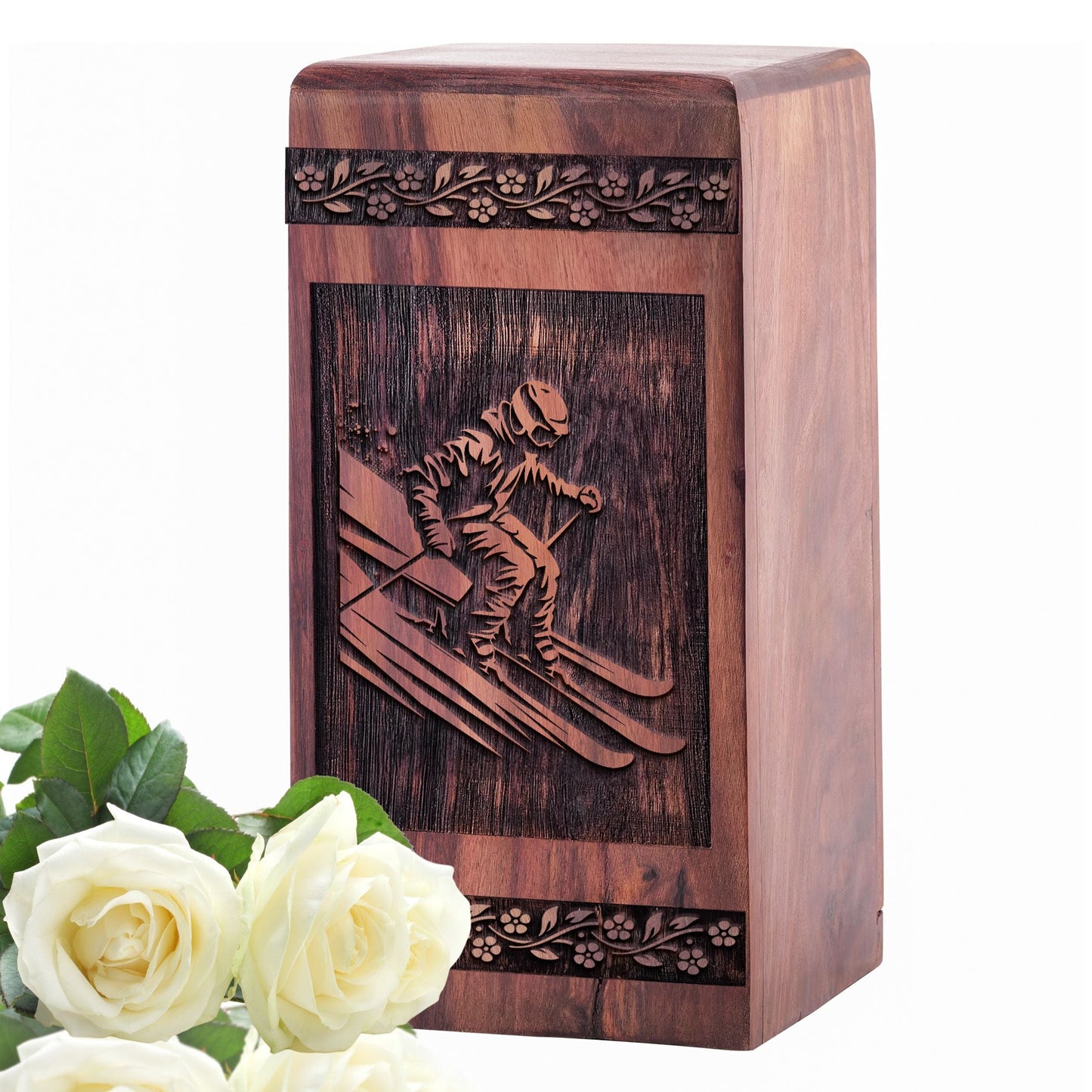 Handmade Wooden Urn for Ashes - Skiing Snowboard Theme