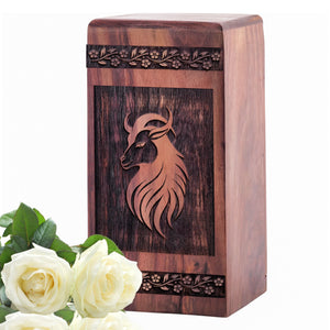 Wooden Horned Goat Cremation Urn for Ashes - Handmade Design