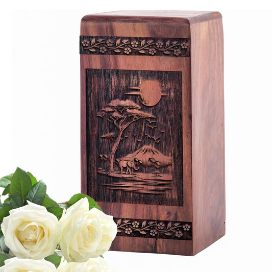 Handcrafted Wooden Elephant Oasis Tree Urn for Ashes