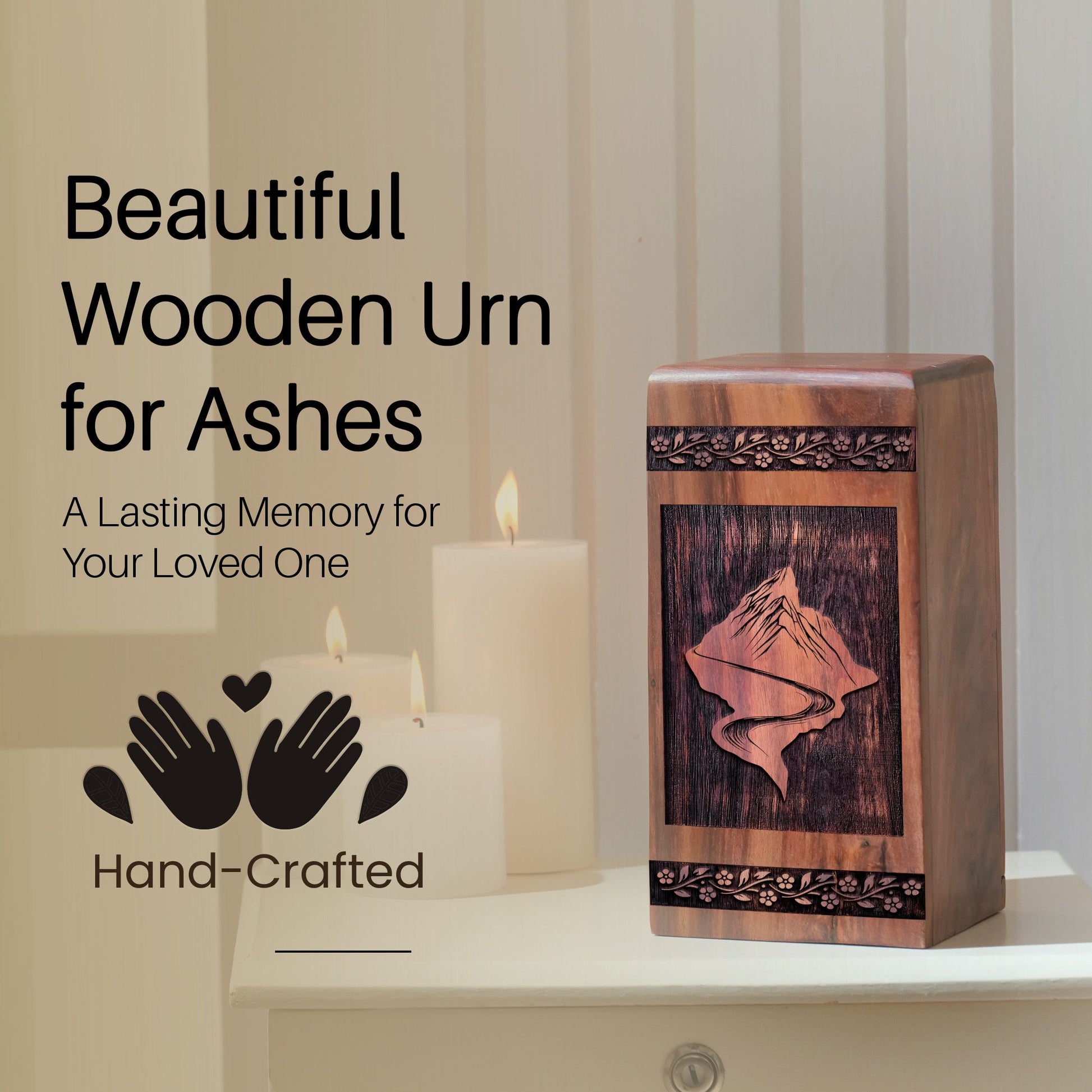 Handcrafted Wooden Mountain Cremation Urn for Ashes