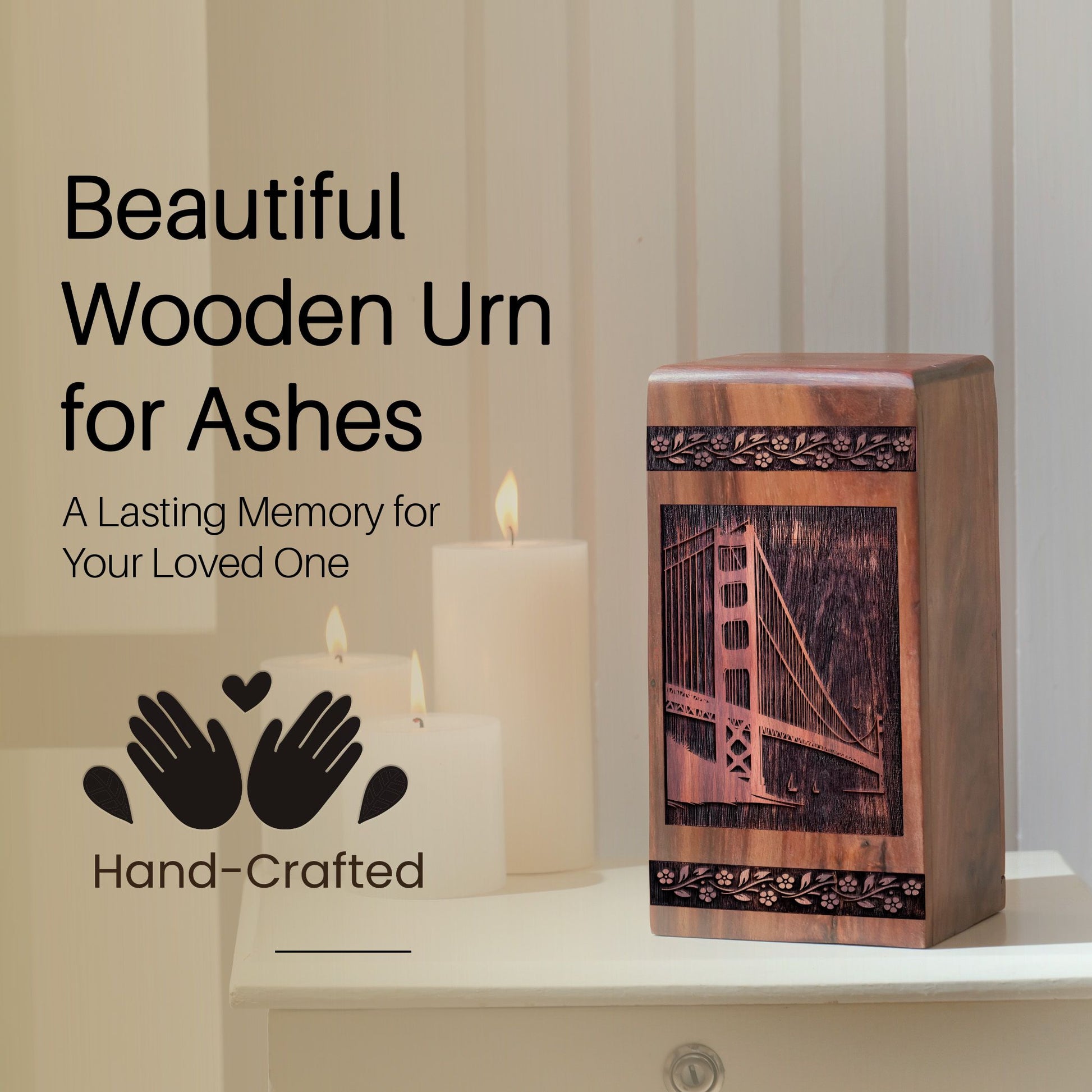 Wooden Golden Bridge Urn Box for Ashes - Memorial Keepsake