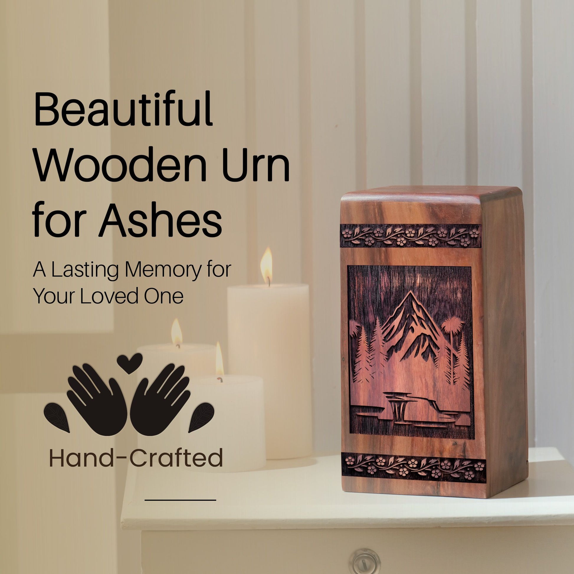 Wooden Mountain Urn Box for Ashes - Unique Keepsake