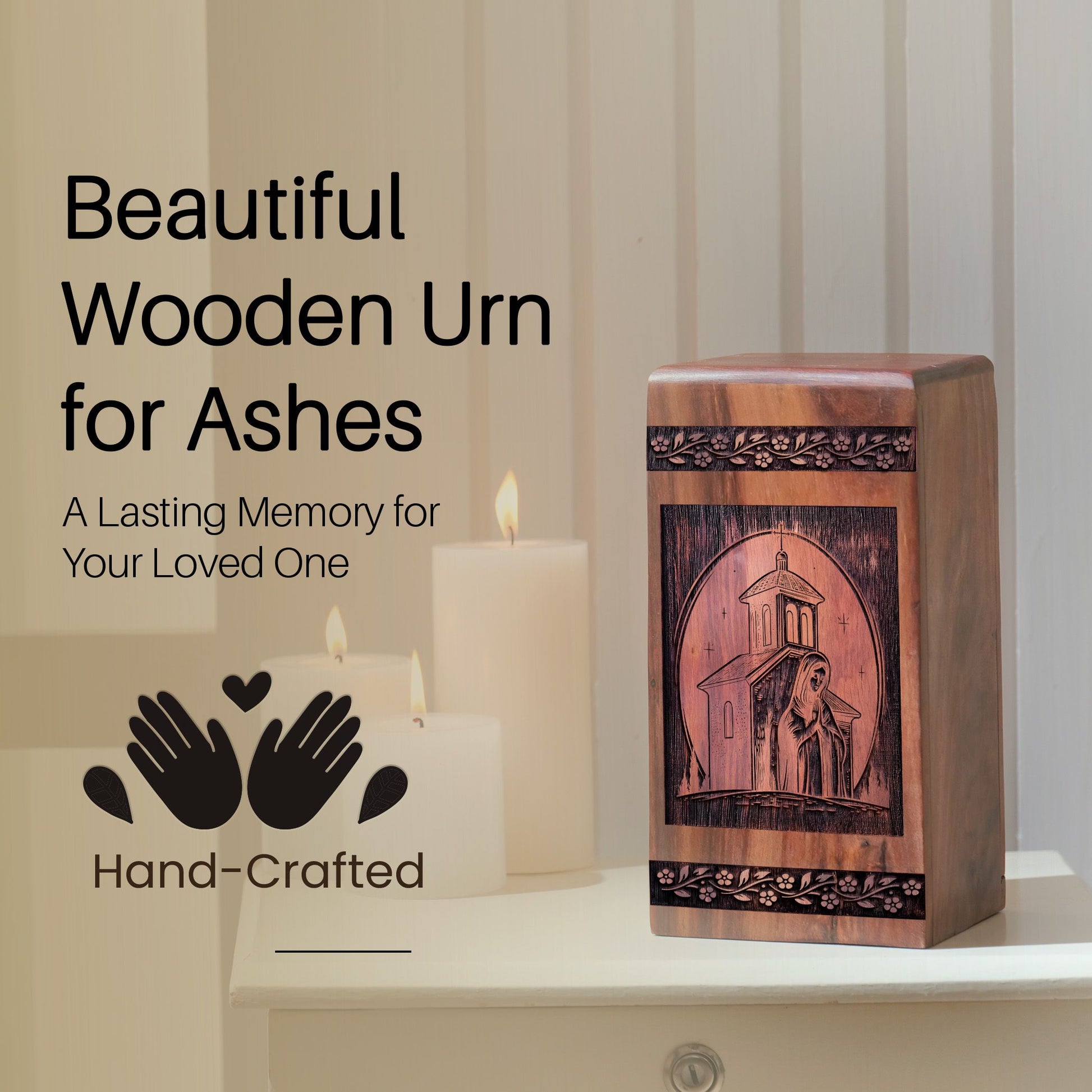 Unique Wooden Mary Cremation Urn for Ashes - Thoughtful Design
