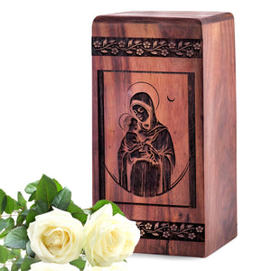 Unique Wooden Mary Cremation Urn for Ashes - Memorial Keepsake