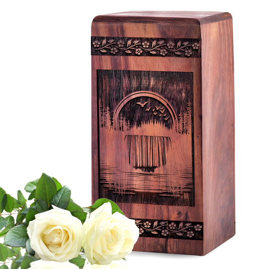 Wooden Forest Urn Box for Ashes - Memorial Keepsake