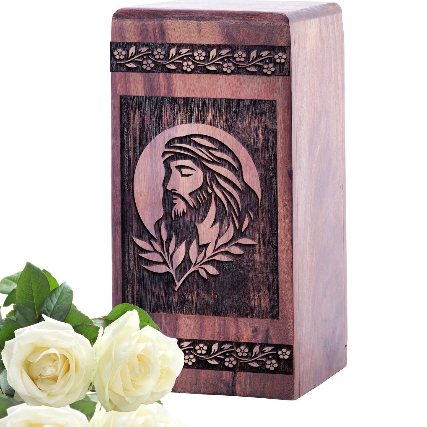 Wooden Jesus Urn for Ashes - Handcrafted Memorial Box