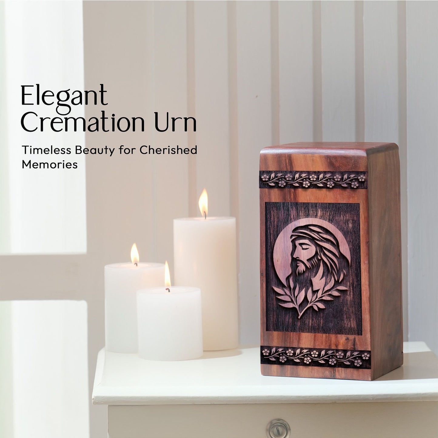 Wooden Jesus Urn for Ashes - Handcrafted Memorial Box