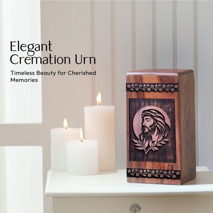 Wooden Jesus Urn for Ashes - Handcrafted Memorial Box