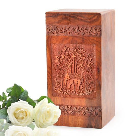 Elephant Wooden Cremation Box For Ashes - Wood Pet Urns