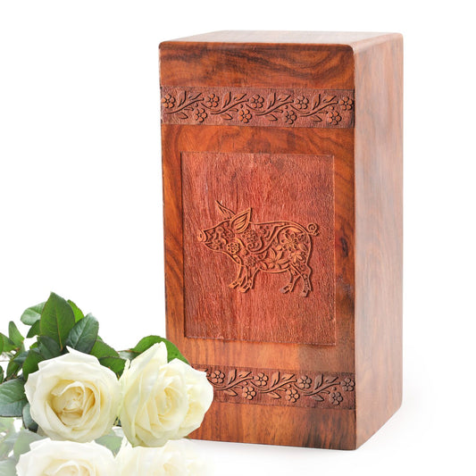 Pig Wooden Cremation Urn Box For Ashes - Wood Box Urn For Adults