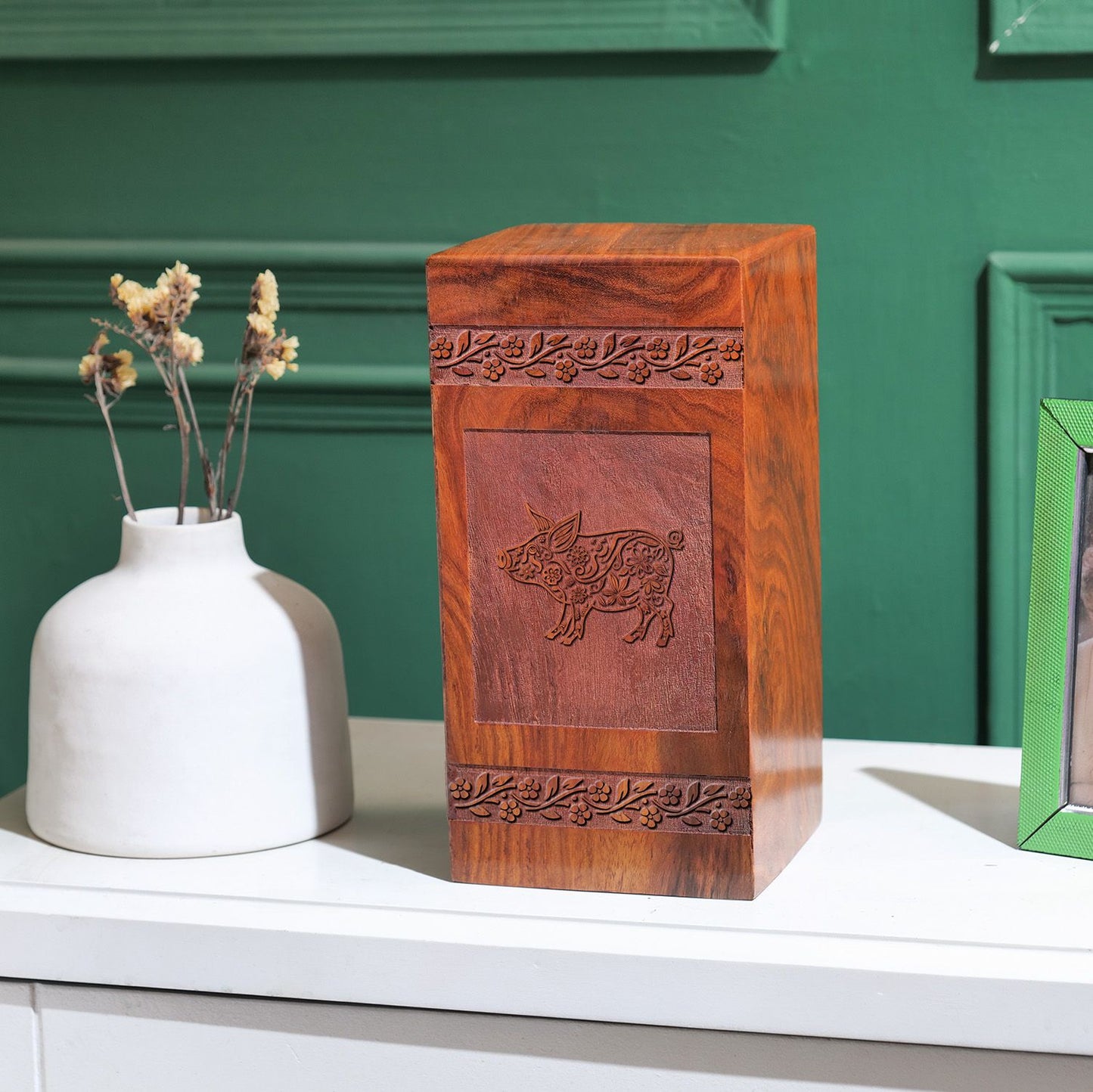 Pig Wooden Cremation Urn Box For Ashes - Wood Box Urn For Adults
