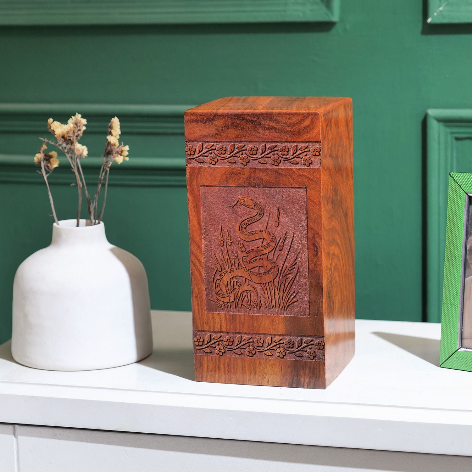 Snake Wooden Urn Box For Ashes - Funerary Urn For Burial