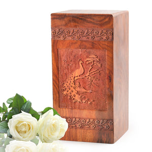 Peacock Wooden Urns For Ashes - Wood Cremation Box For Adults